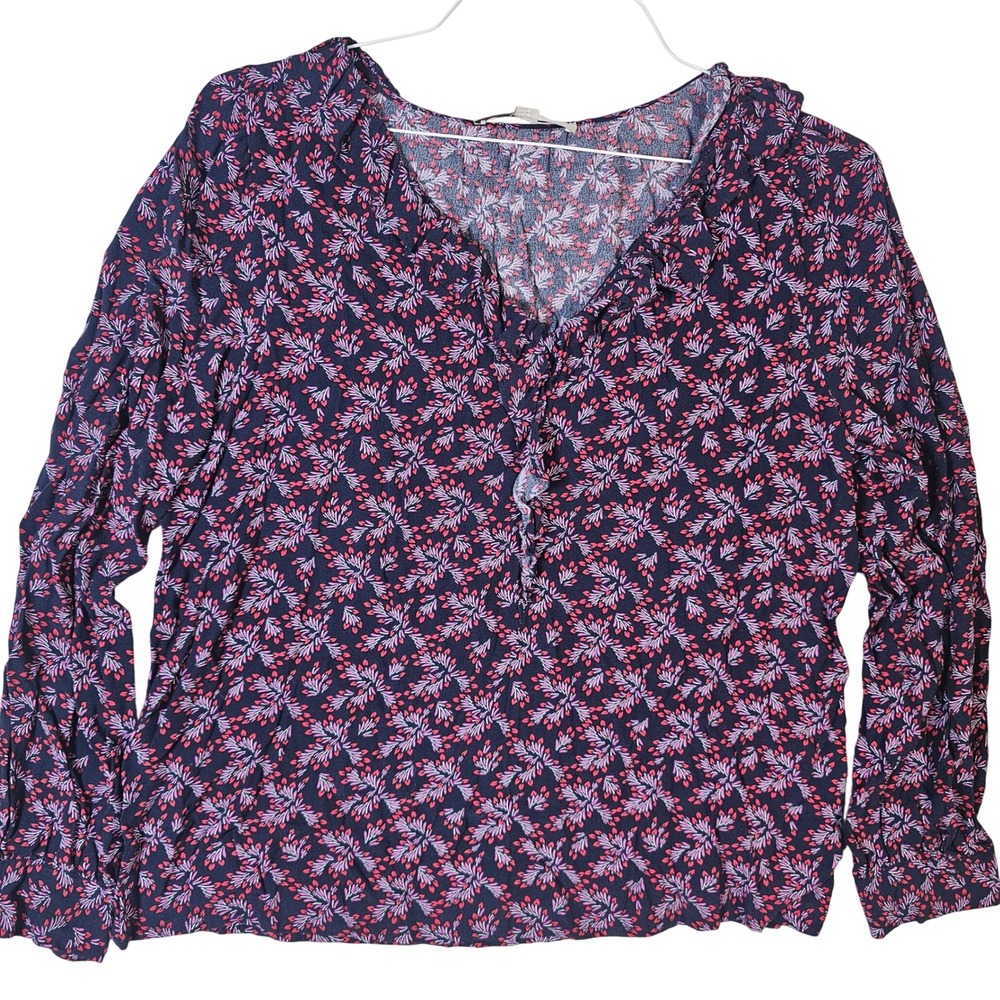 LOFT Navy Pink Floral Ruffle V-Neck Long Sleeve Blouse Size M